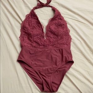 One piece deep V/ open back lace bathing suit